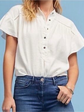 Anthropologie Maeve Sylvan White linen blend Button front Women's blouse M‎